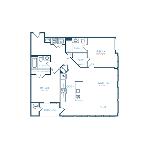 Floor plan for 2 beds, 2 baths, 1314 sqft